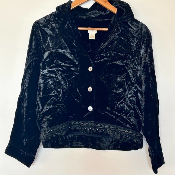 J. Jill Crushed Velvet Embroidered Jacket XS XSP Petite Black Coat Floral J.Jill - Picture 1 of 6